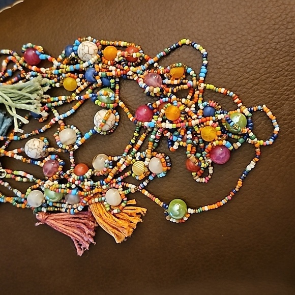 CHICO'S Hagen 9 Rainbow Beaded Tassel Multi-strand Boho Fiesta Necklace - Picture 2 of 9